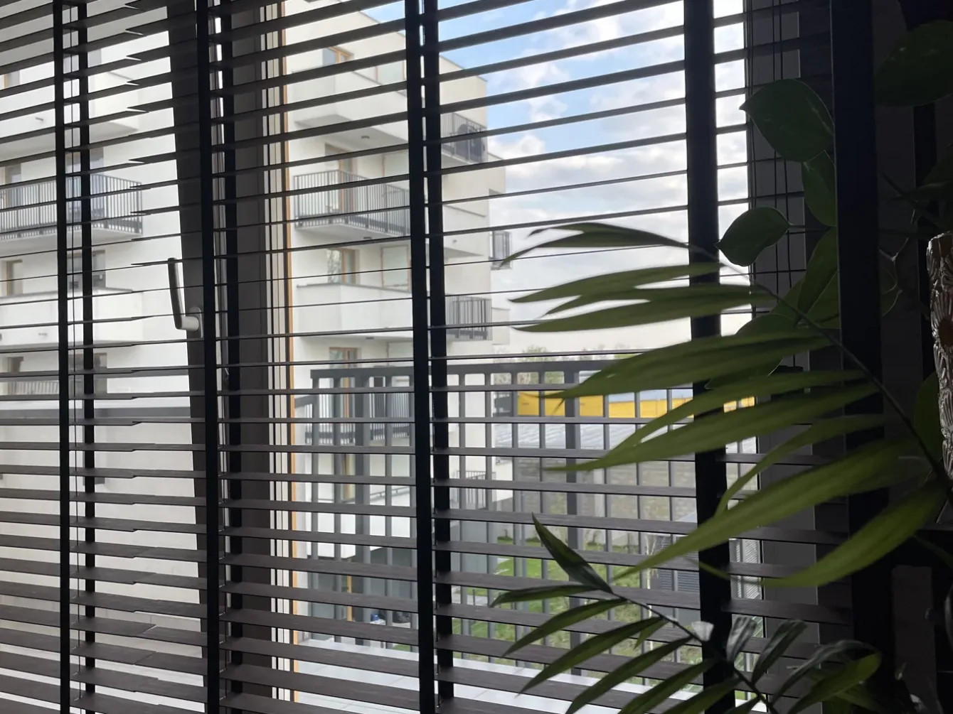 Żaluzje drewniane w ciemnym kolorze na oknie tarasowym, realizacja Modern Line